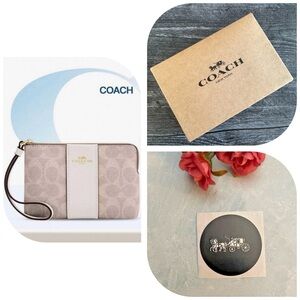 COACH. 3 Piece: Canvas & Leather Corner Zip Wristlet & Free Gift Box & Stickers.